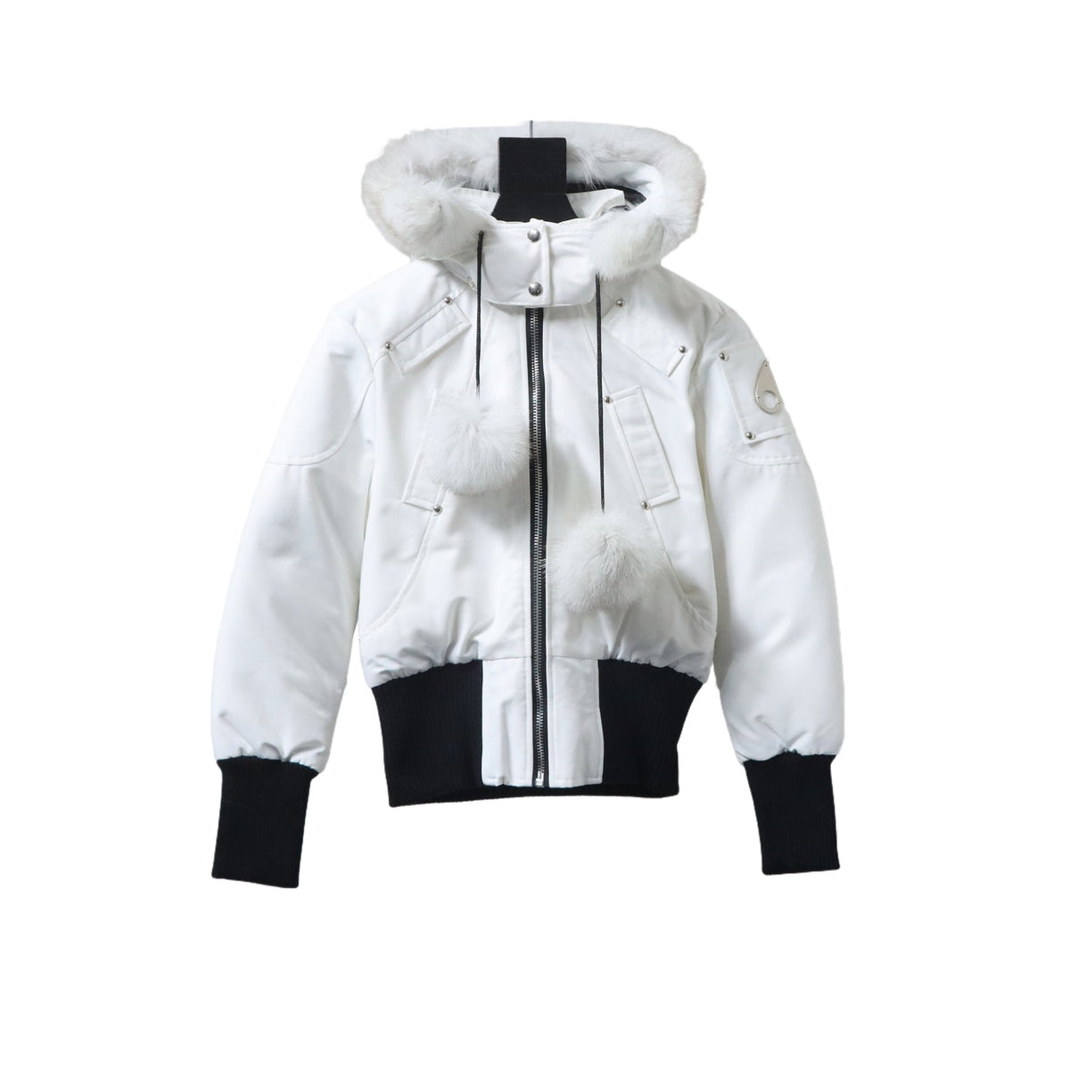Moose Knuckles White and Black Plush-Trim Hooded Bomber Jacket