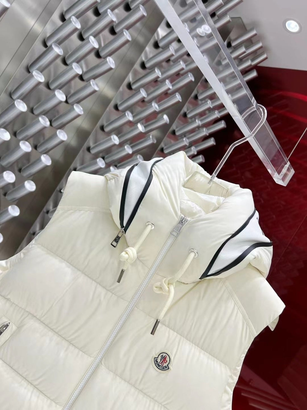 Moncler Ivory White Logo Hood Quilted Puffer Vest