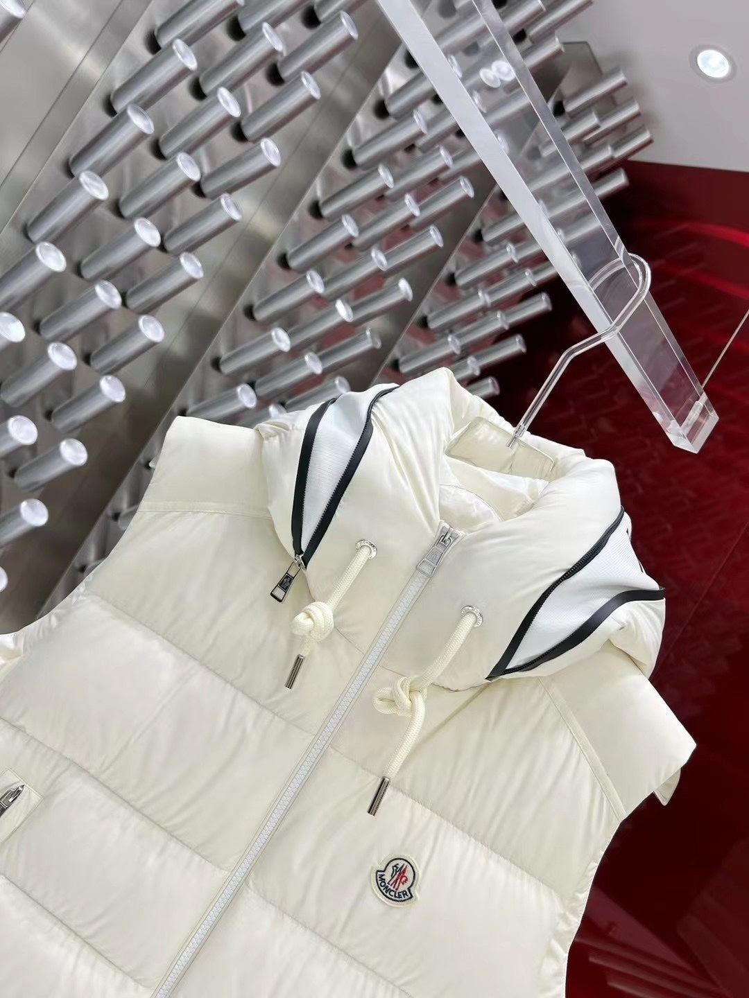 Moncler Ivory White Logo Hood Quilted Puffer Vest