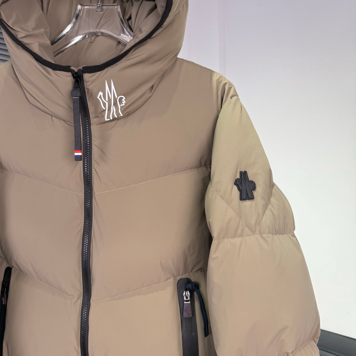Moncler Sand Beige Chevron Quilted Hooded Puffer Jacket