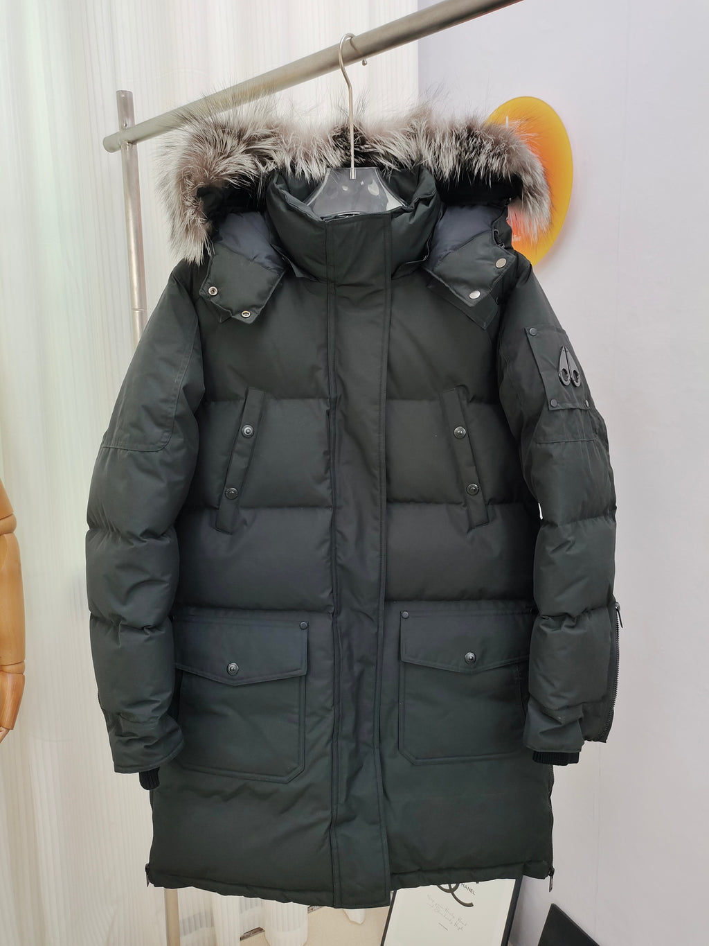 Moose Knuckles Black Plush-Trim Hooded Long Puffer Parka