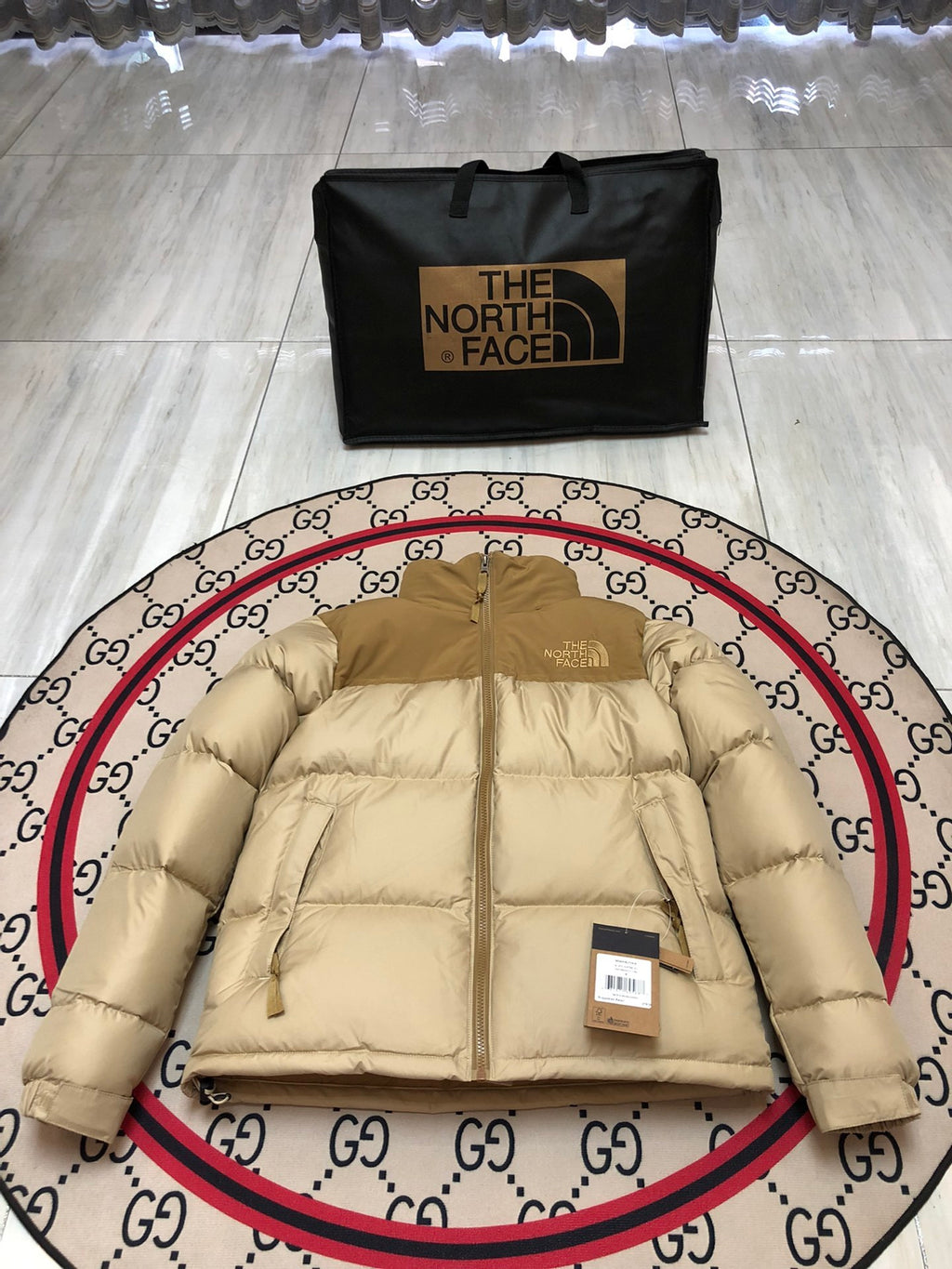 The North Face Sand Beige and Camel Colorblock Puffer Jacket