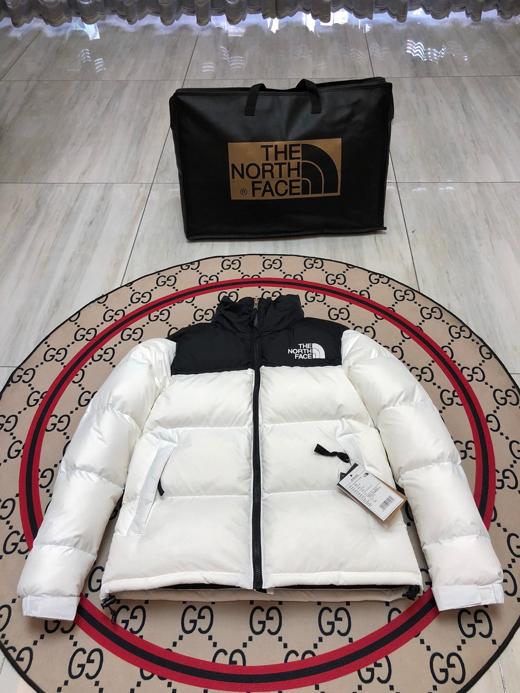 The North Face White and Black Colorblock Puffer Jacket
