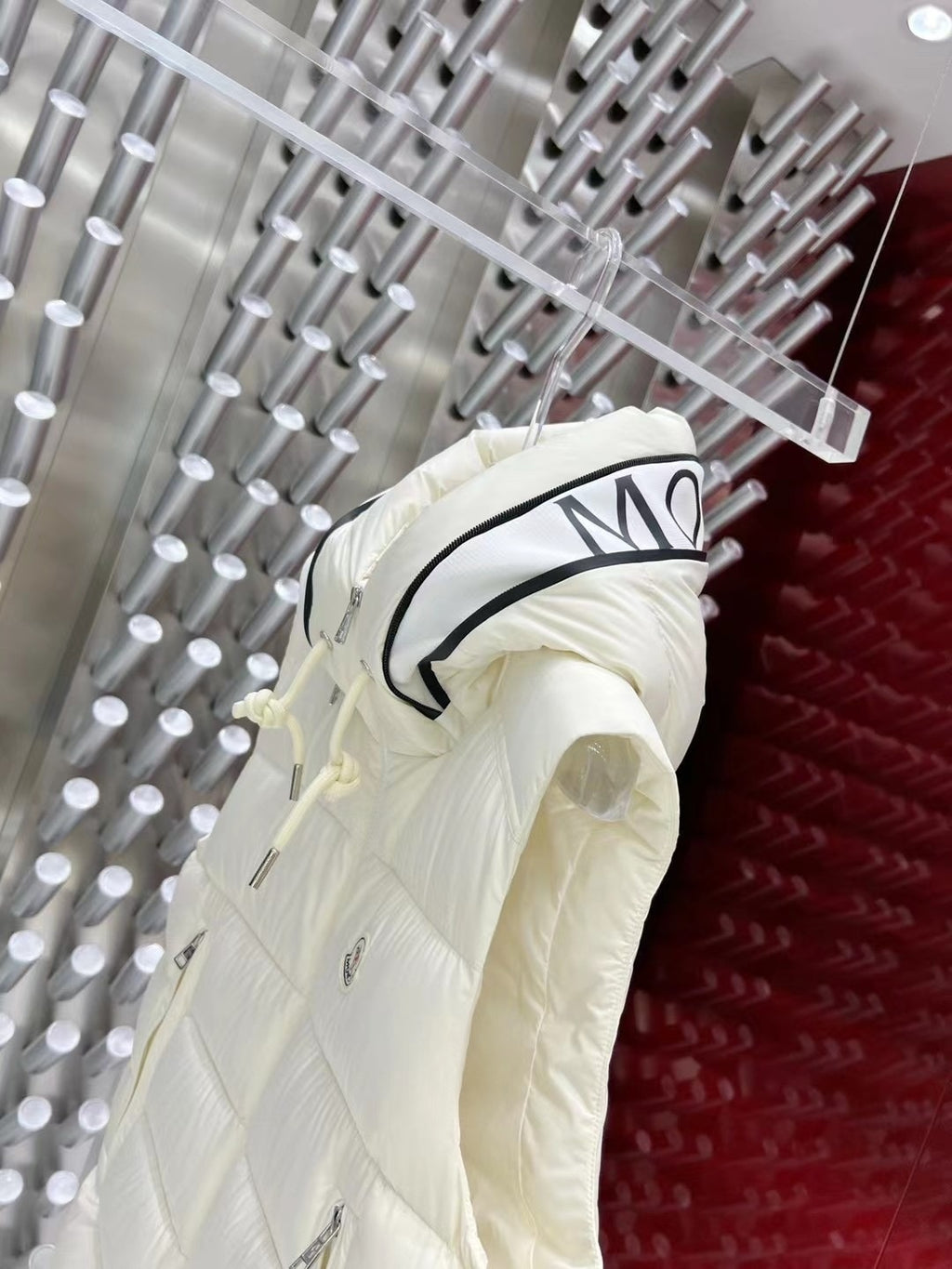 Moncler Ivory White Logo Hood Quilted Puffer Vest