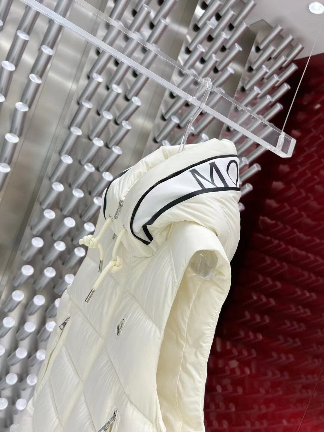 Moncler Ivory White Logo Hood Quilted Puffer Vest