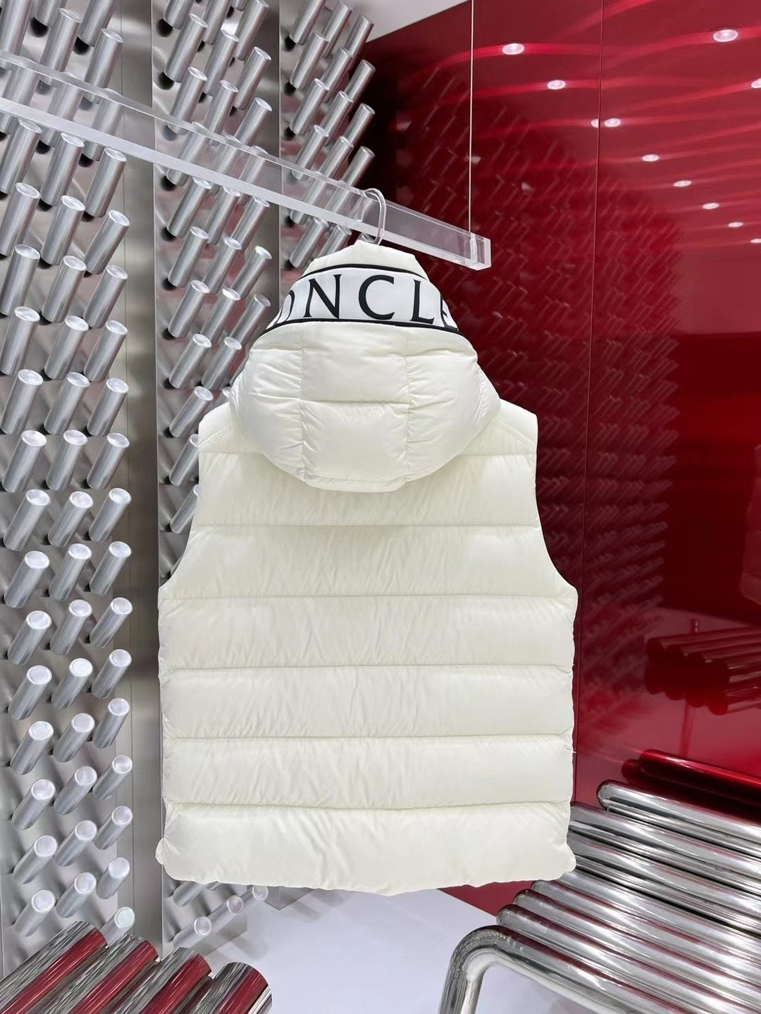 Moncler Ivory White Logo Hood Quilted Puffer Vest