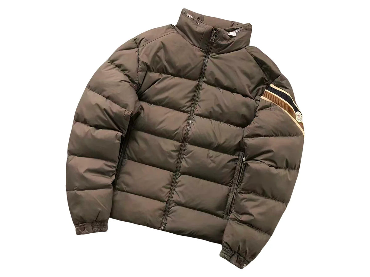 Moncler Taupe Brown Striped Sleeve Stand Collar Puffer Jacket