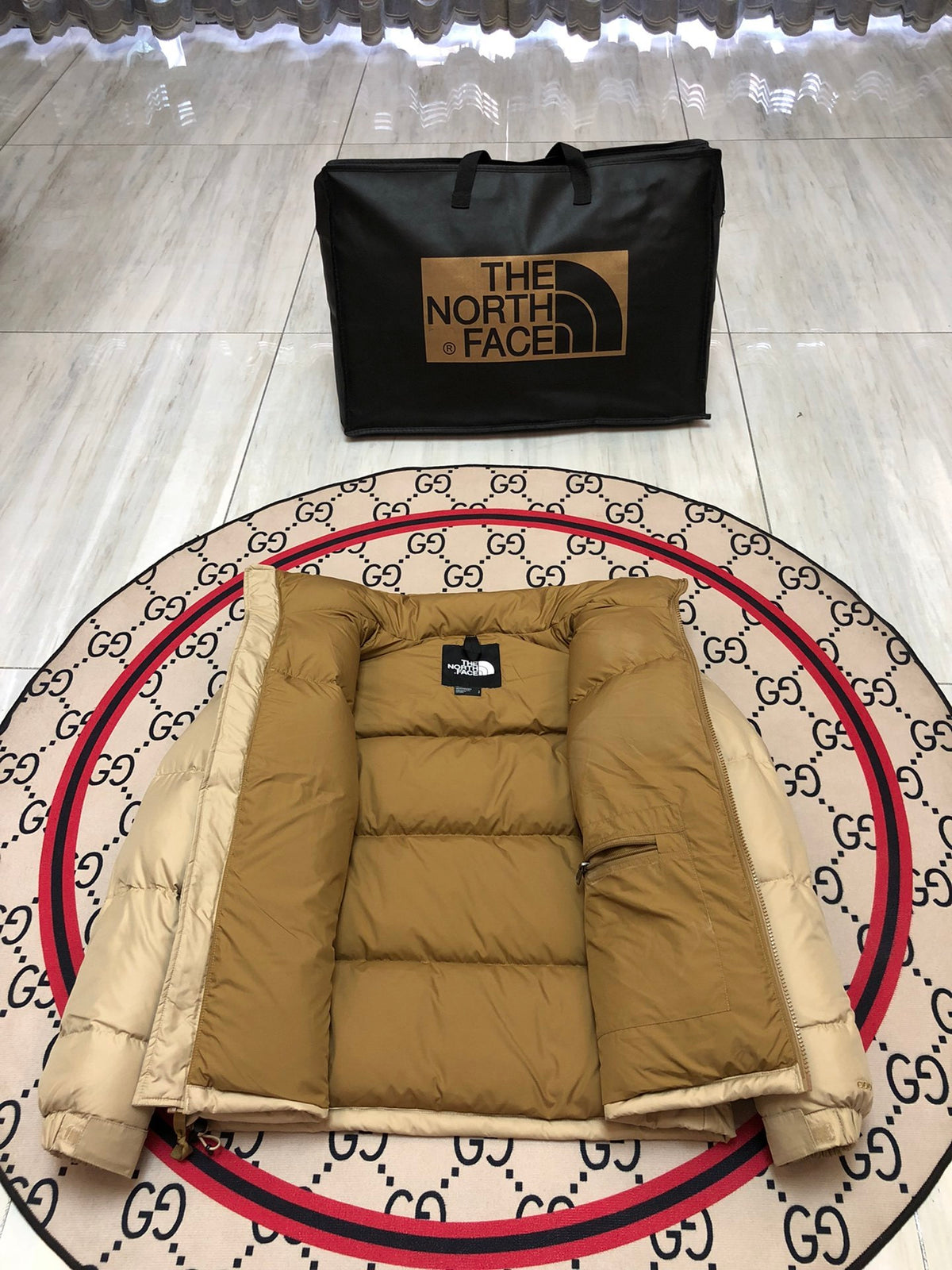 The North Face Sand Beige and Camel Colorblock Puffer Jacket