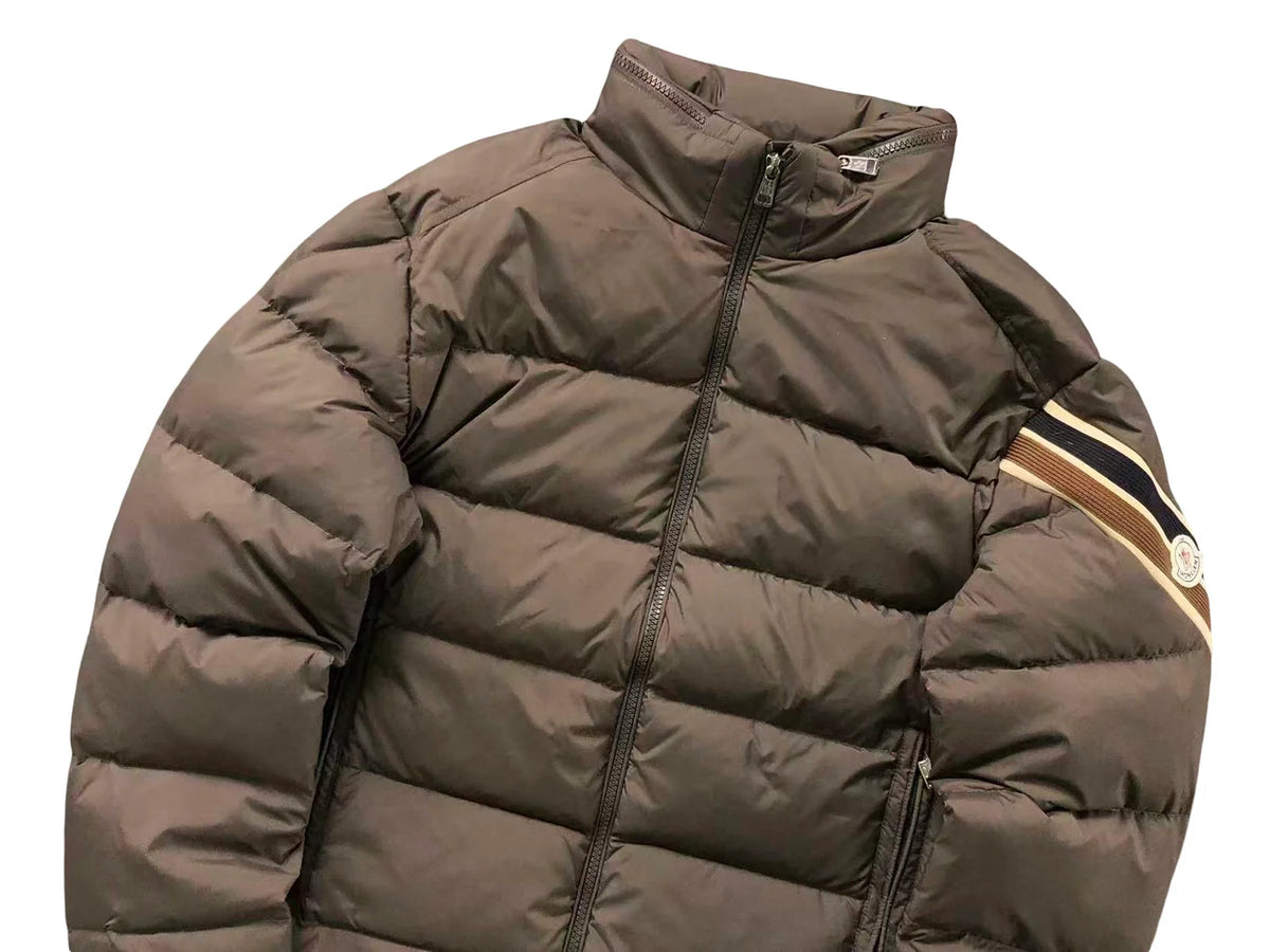 Moncler Taupe Brown Striped Sleeve Stand Collar Puffer Jacket