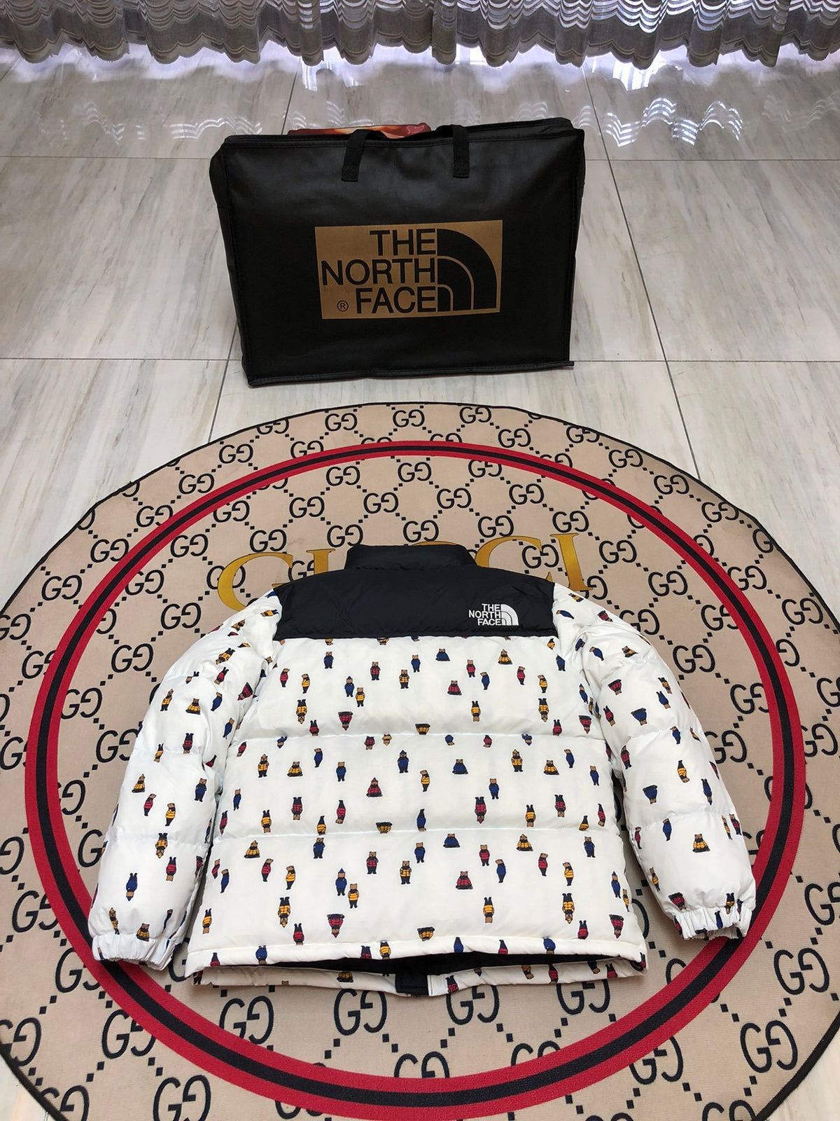 The North Face White and Black Bear Print Puffer Jacket