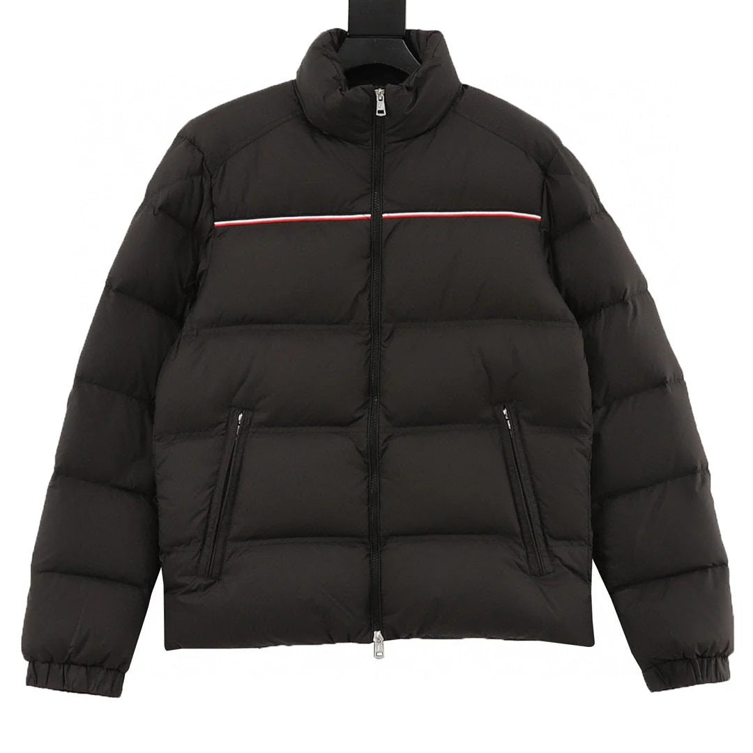 Moncler Black Contrast Stripe Stand Collar Puffer Jacket
