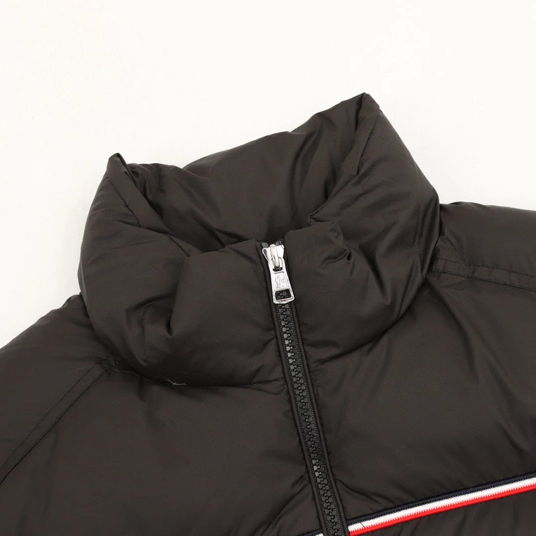 Moncler Black Contrast Stripe Stand Collar Puffer Jacket