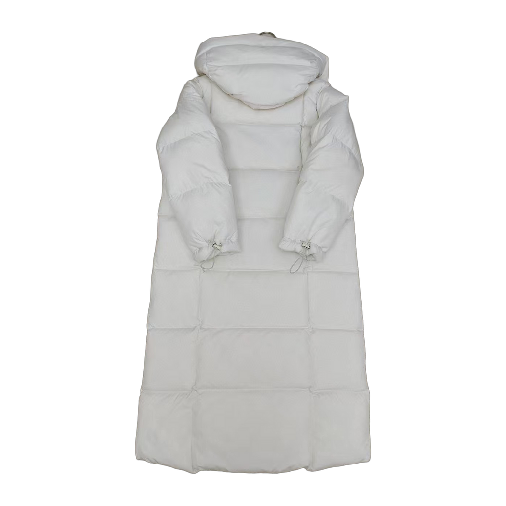 New Balance Hooded Long Puffer Coat in Off White