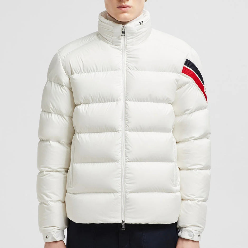 Moncler Off-White Stripe Detail Stand Collar Puffer Jacket