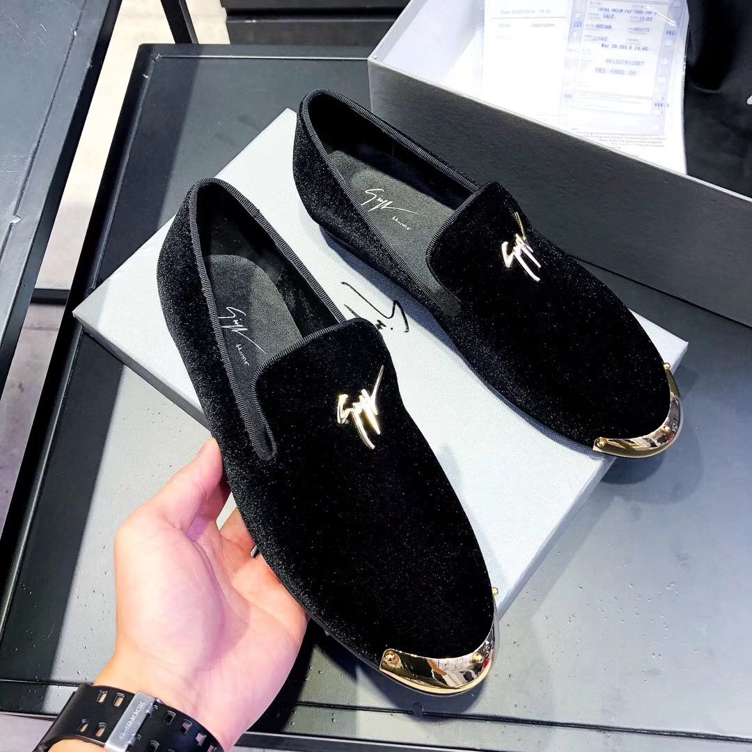 Giuseppe Zanotti Black Velvet Gold-Trim Slip-On Shoes