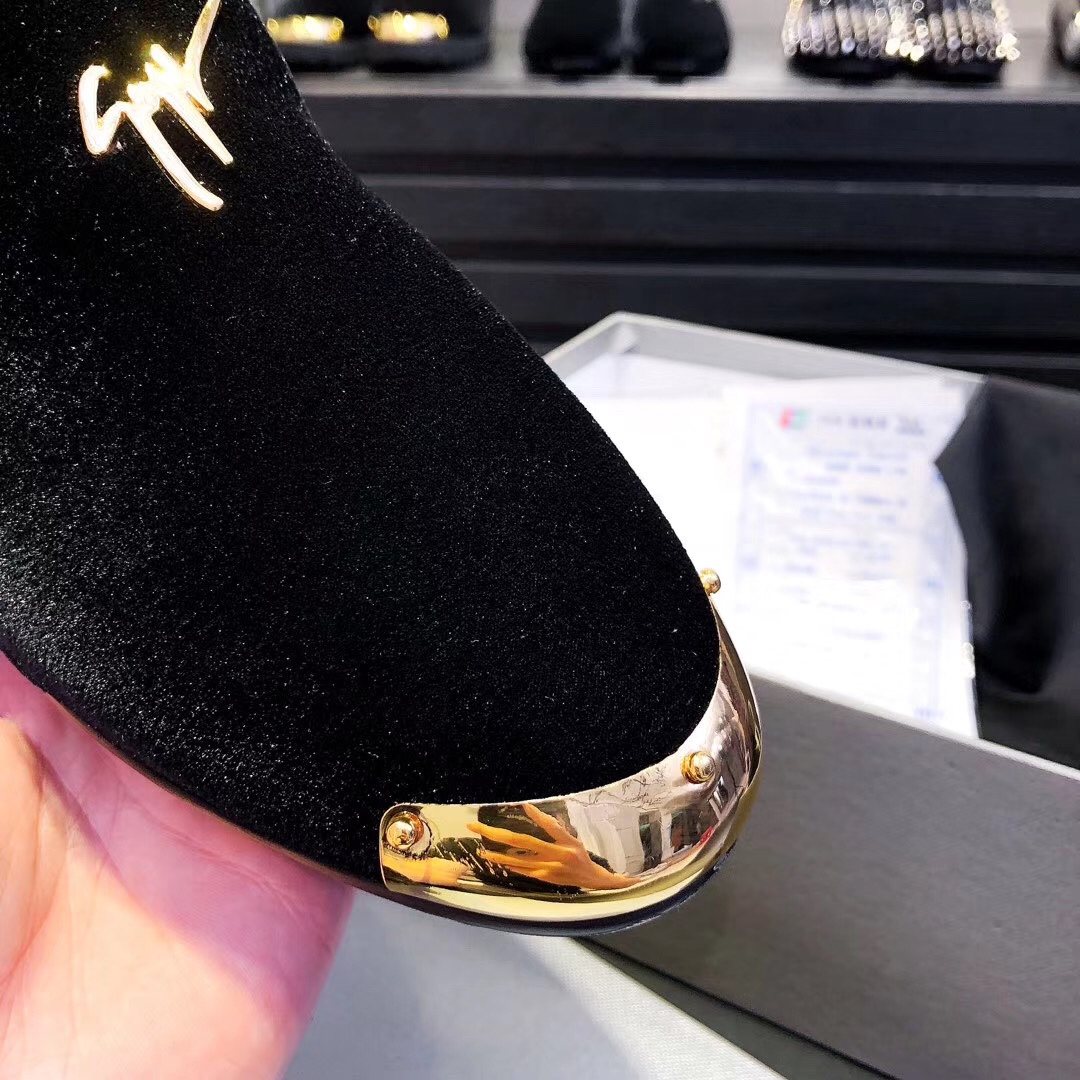 Giuseppe Zanotti Black Velvet Gold-Trim Slip-On Shoes