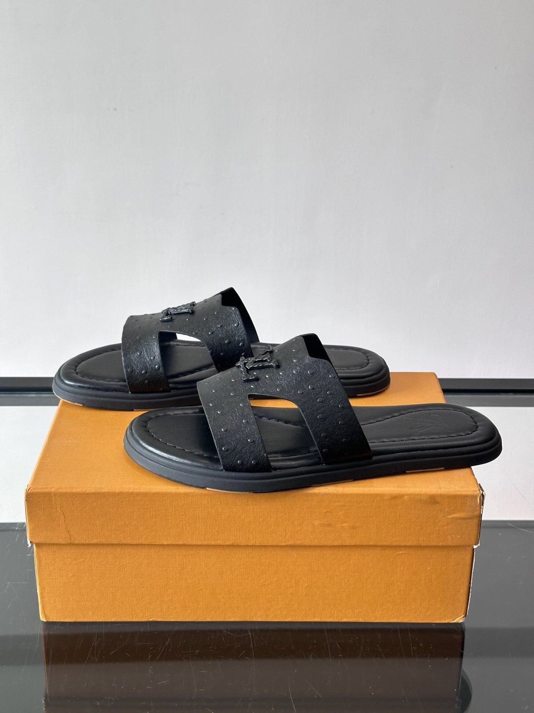 Louis Vuitton Black Embossed Slide Sandals - Rubber Sole