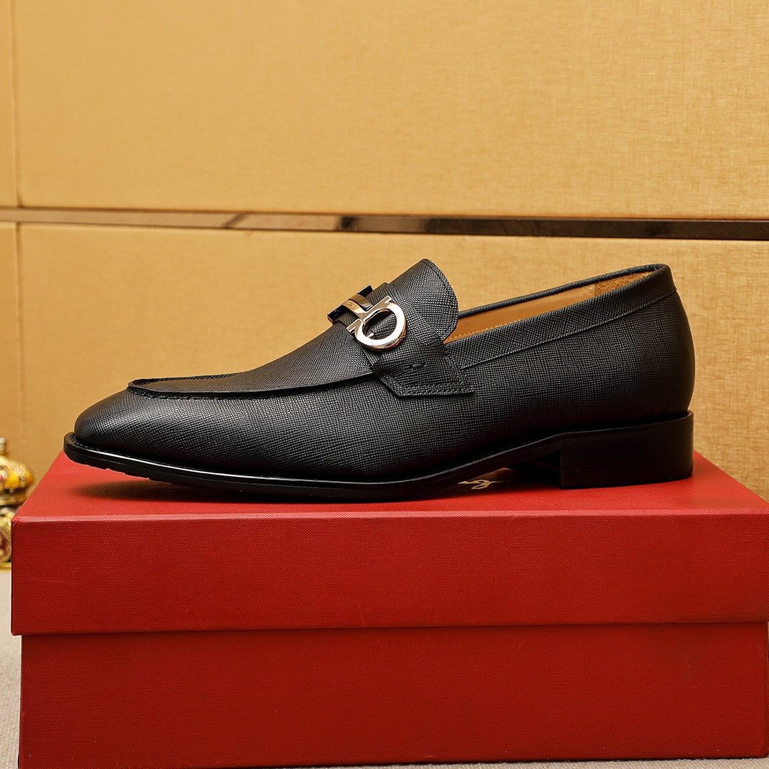 Ferragamo Black Buckle Leather Loafers - Slip-On Construction