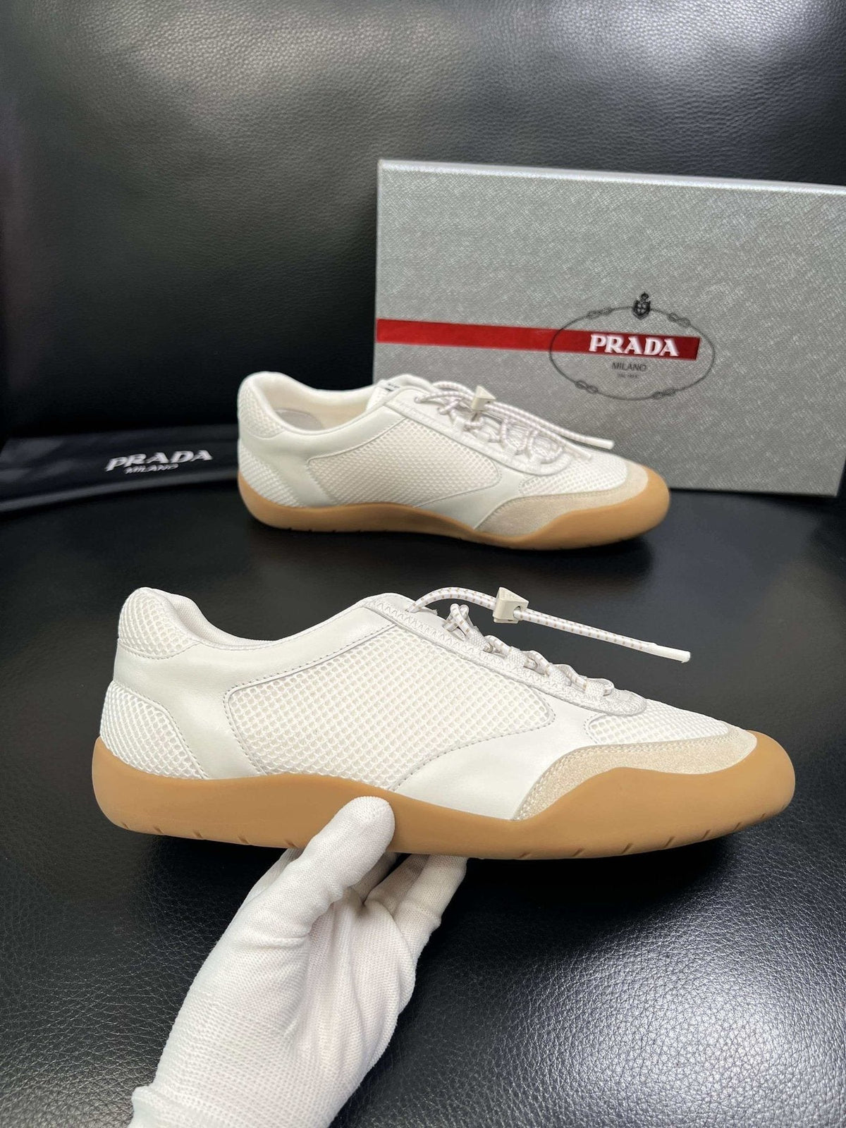 Prada Men's White Gum Sole Low-Top Sneakers