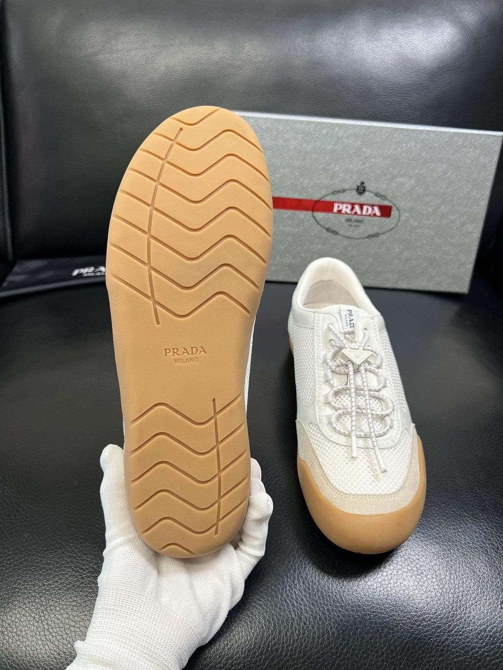 Prada Men's White Gum Sole Low-Top Sneakers
