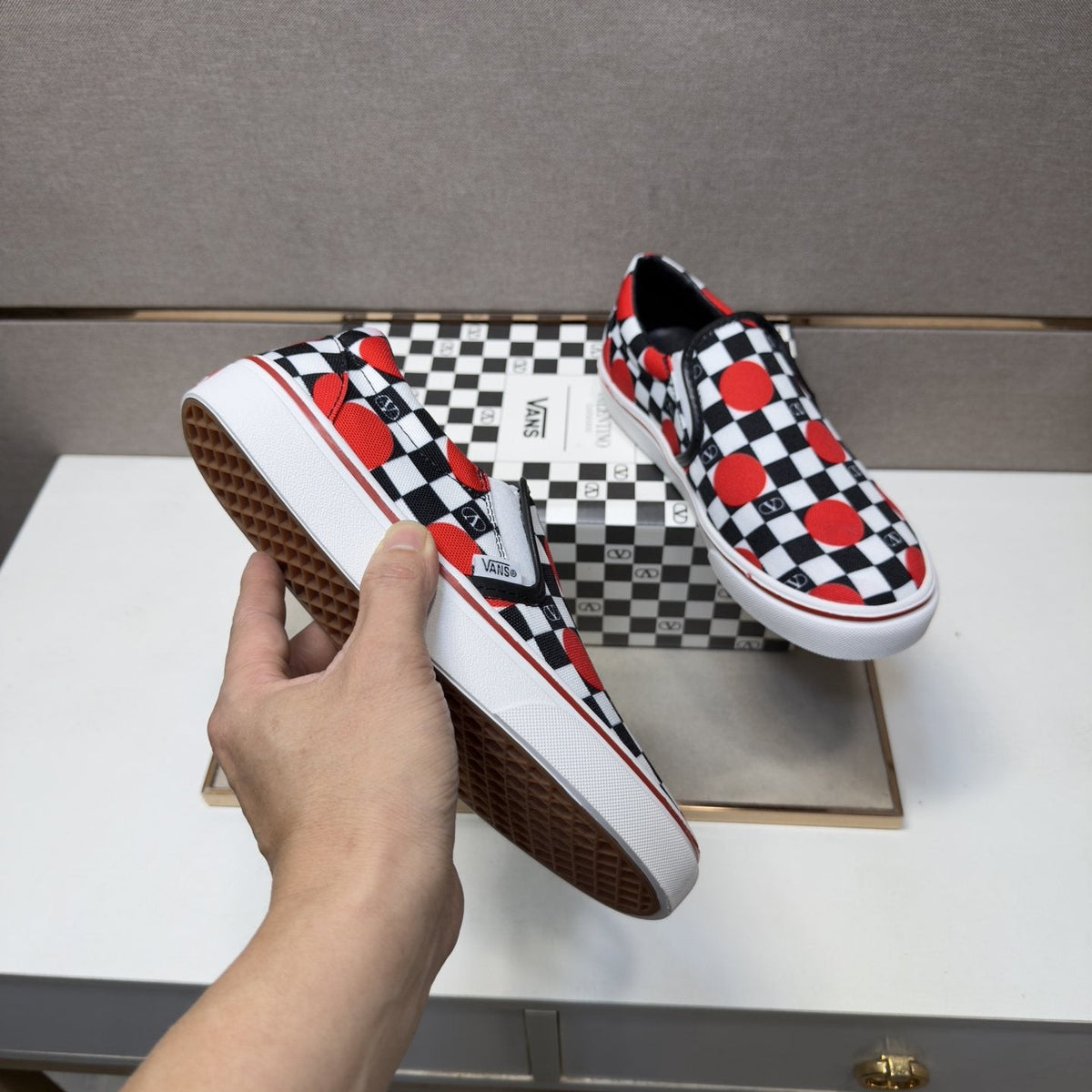 Vans Men's Checkerboard Slip-On Shoes - Black, White & Red