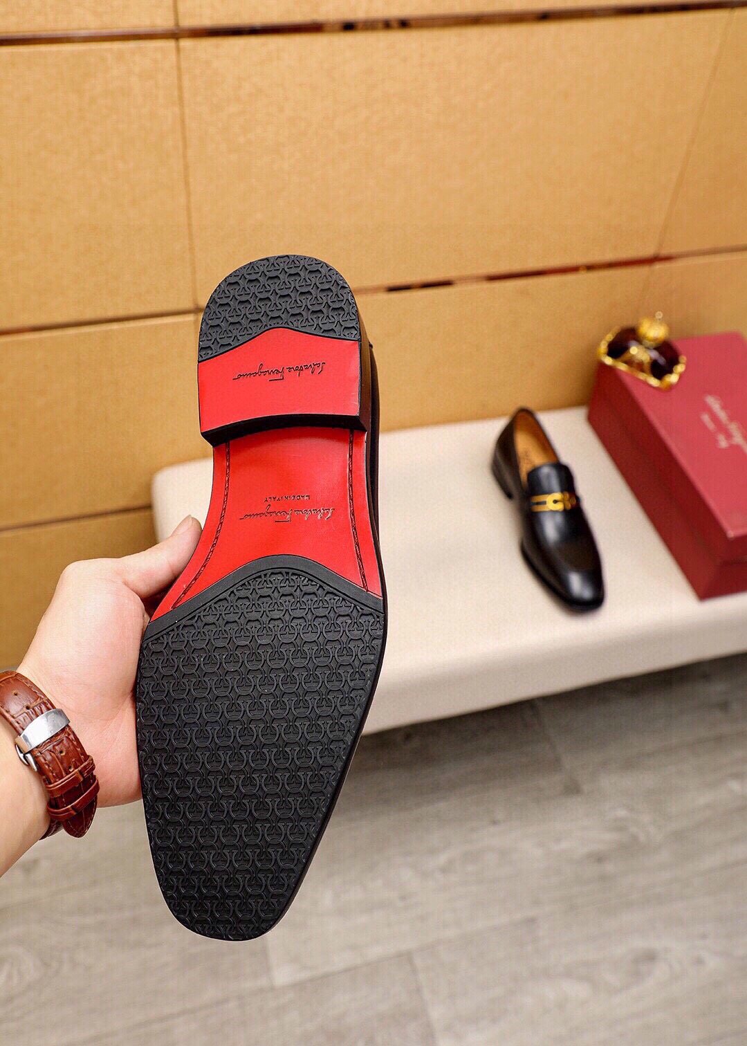 Ferragamo Black Leather Hardware Loafers - Gold-Tone Hardware