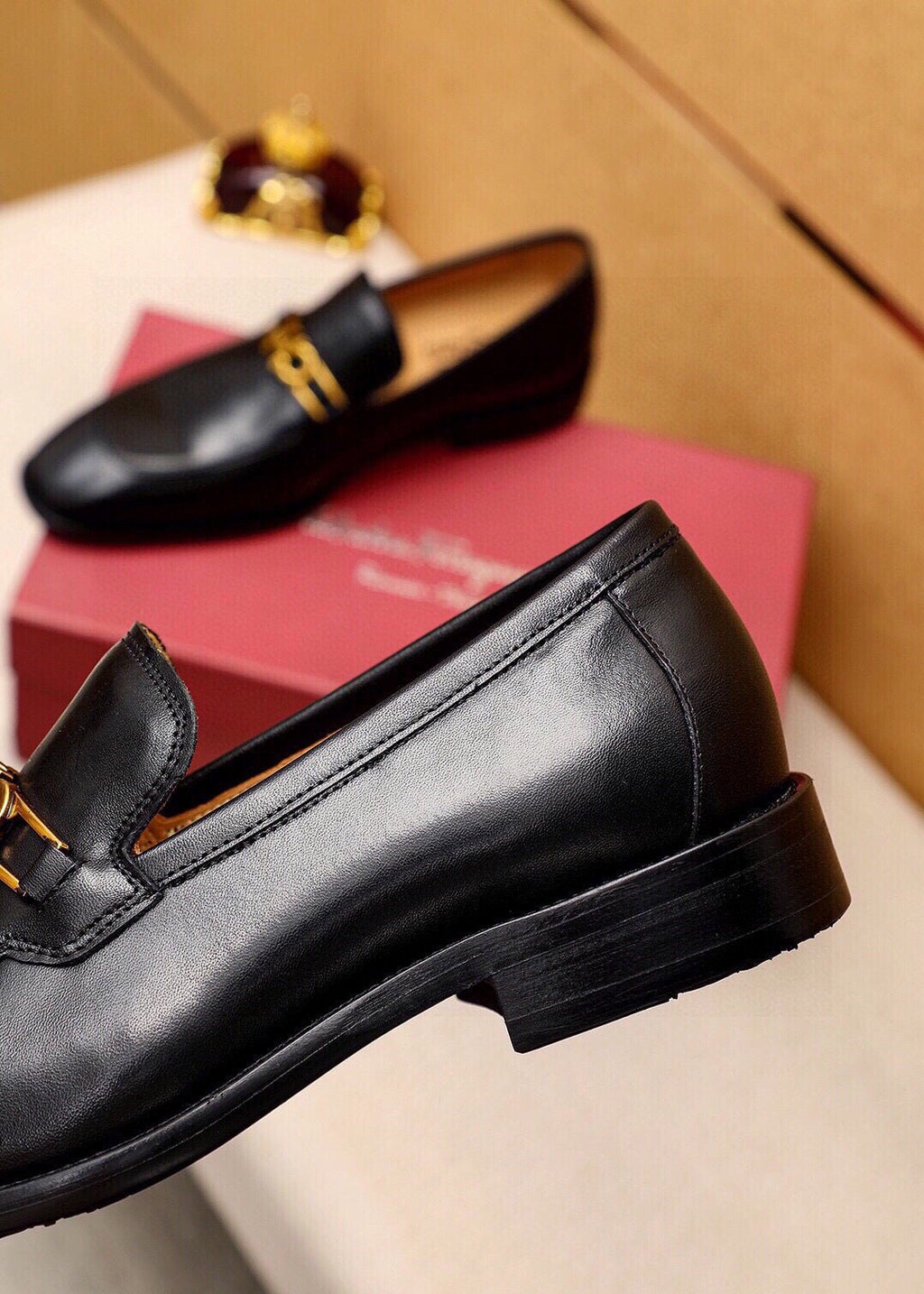 Ferragamo Black Leather Hardware Loafers - Gold-Tone Hardware