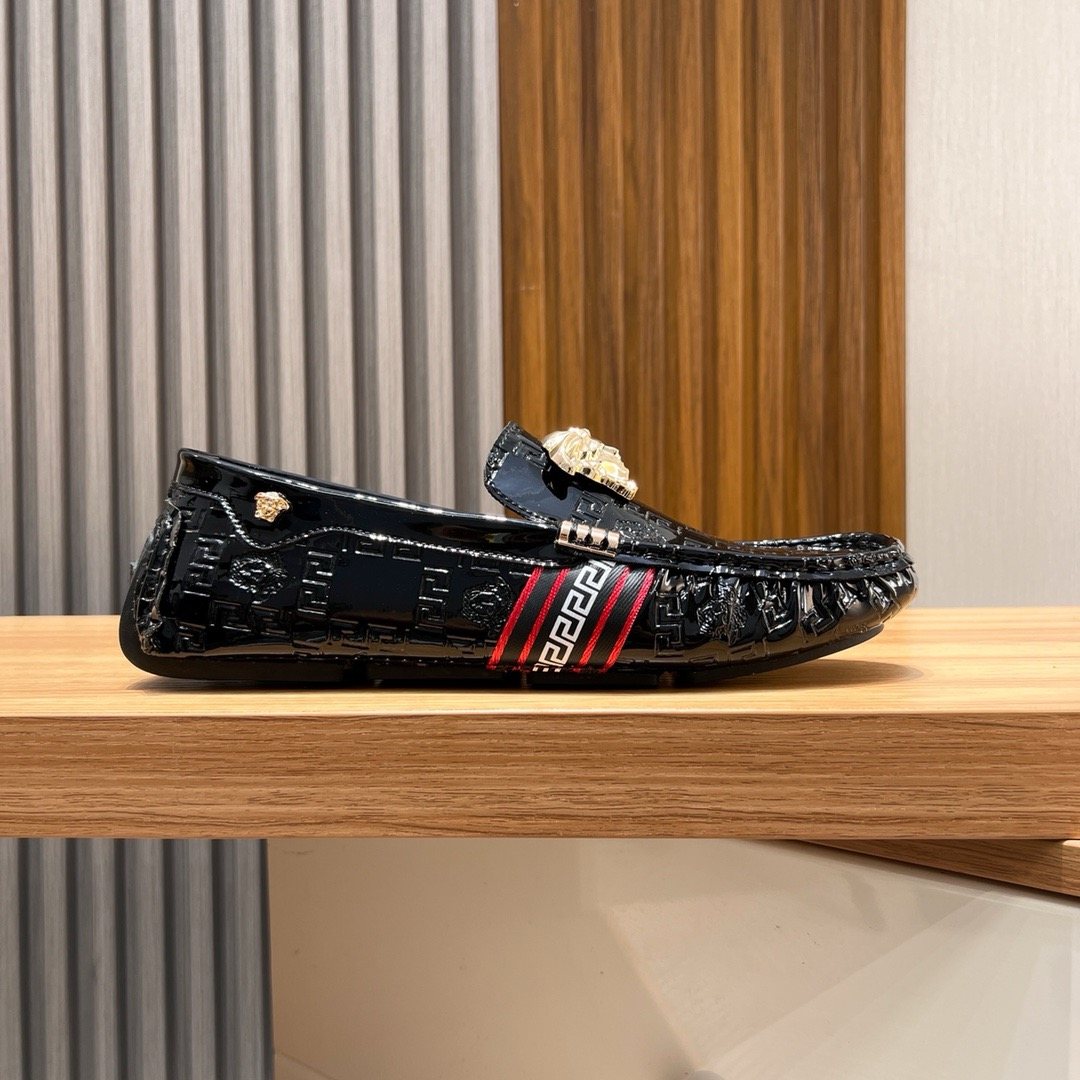 Versace Black Patterned Loafers with Gold-Tone Ornament
