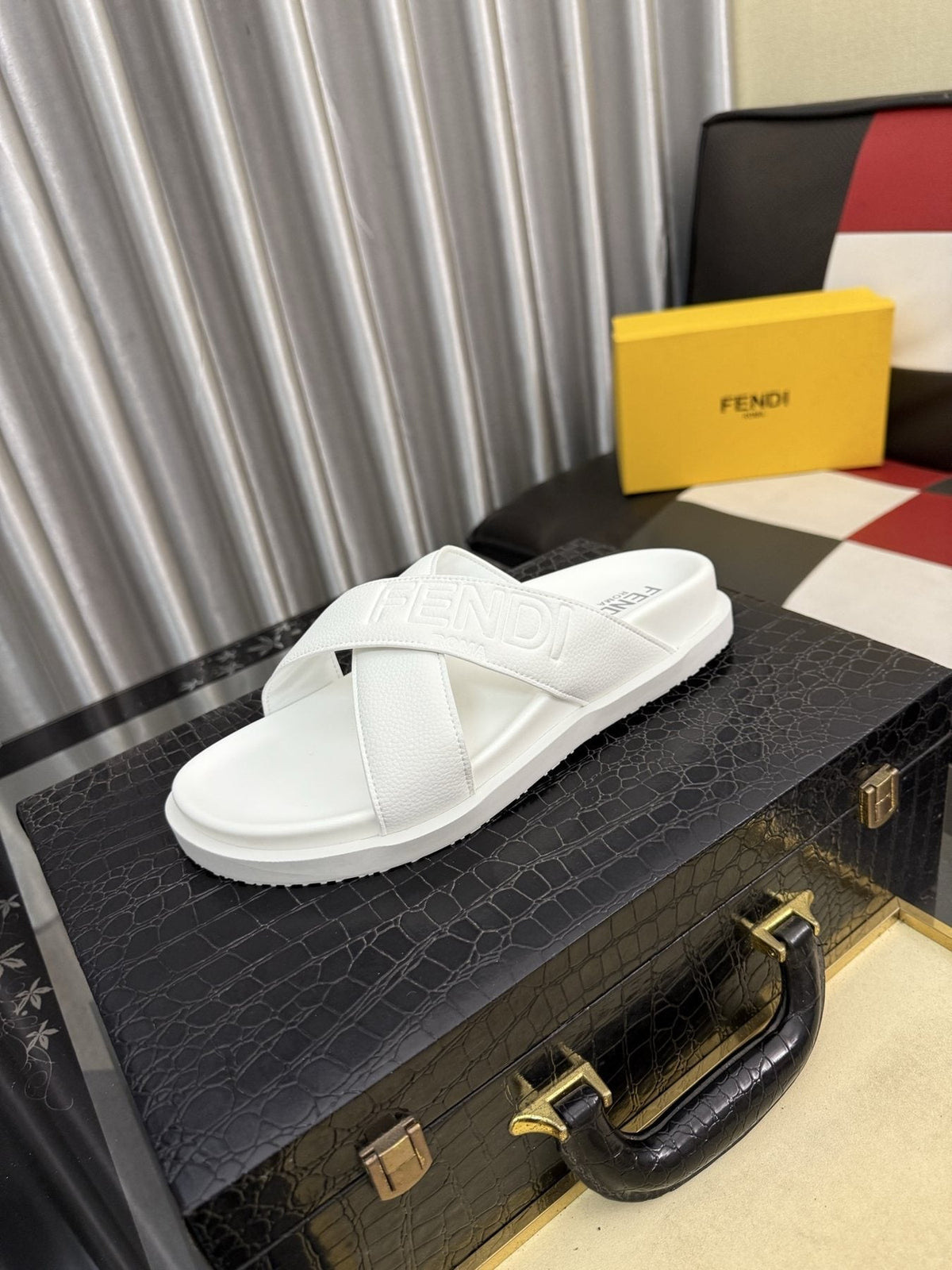 Fendi Embossed Cross-Strap Slide Sandals