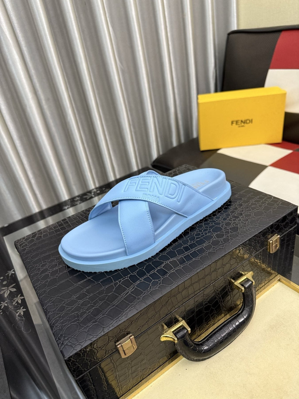 Fendi Embossed Cross-Strap Slide Sandals
