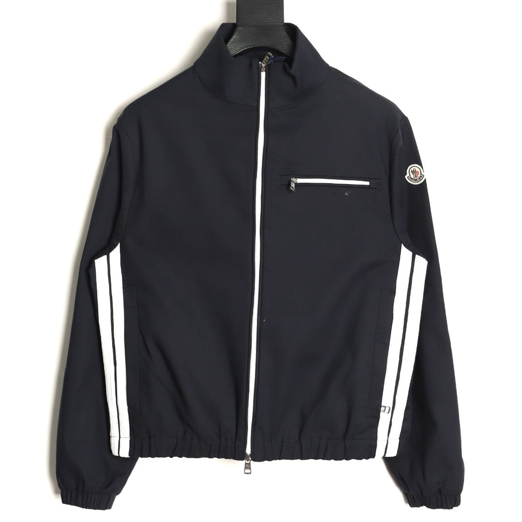 Moncler White-Stripe Stand-Collar Zip Jacket - Black
